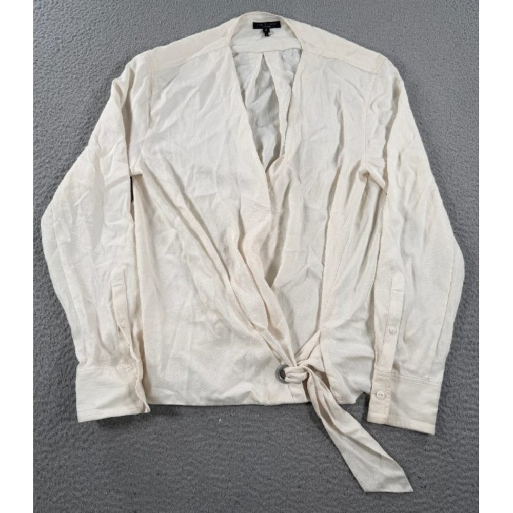 Rag & Bone Silk Blouse Womens Small Petite Cream Wrap Tie Front Long Sleeve Top